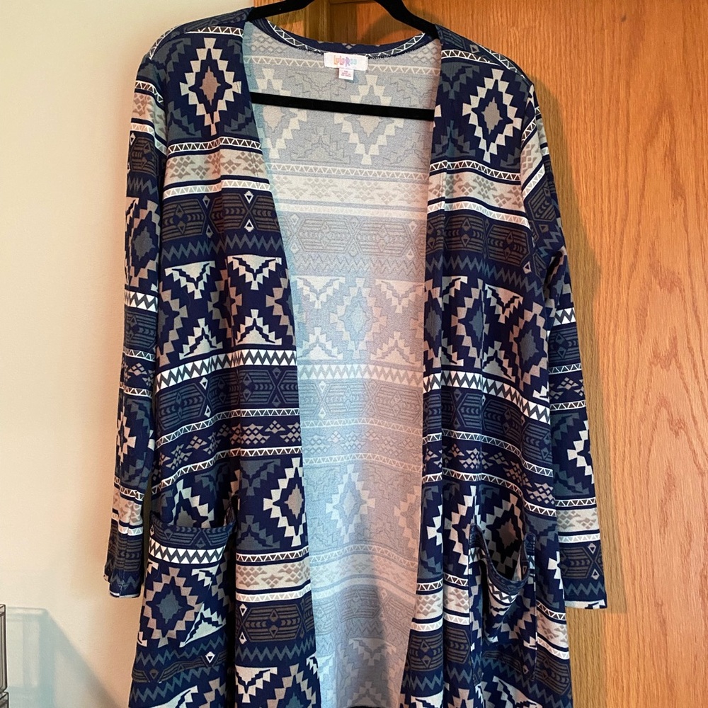 Blue Aztec print Lularoe Caroline cardigan size medium
